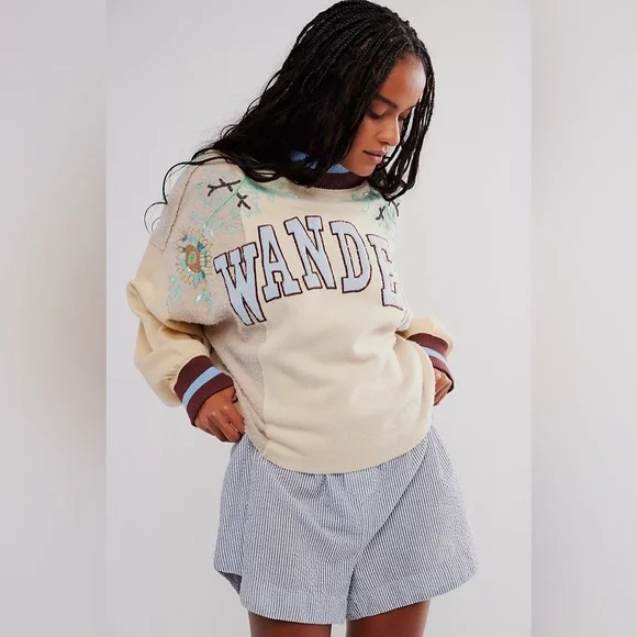 Free People Bali Day Dreams Wander Beaded Patchwork Crew Pullover Sweatshirt | M - Picture 4 of 9